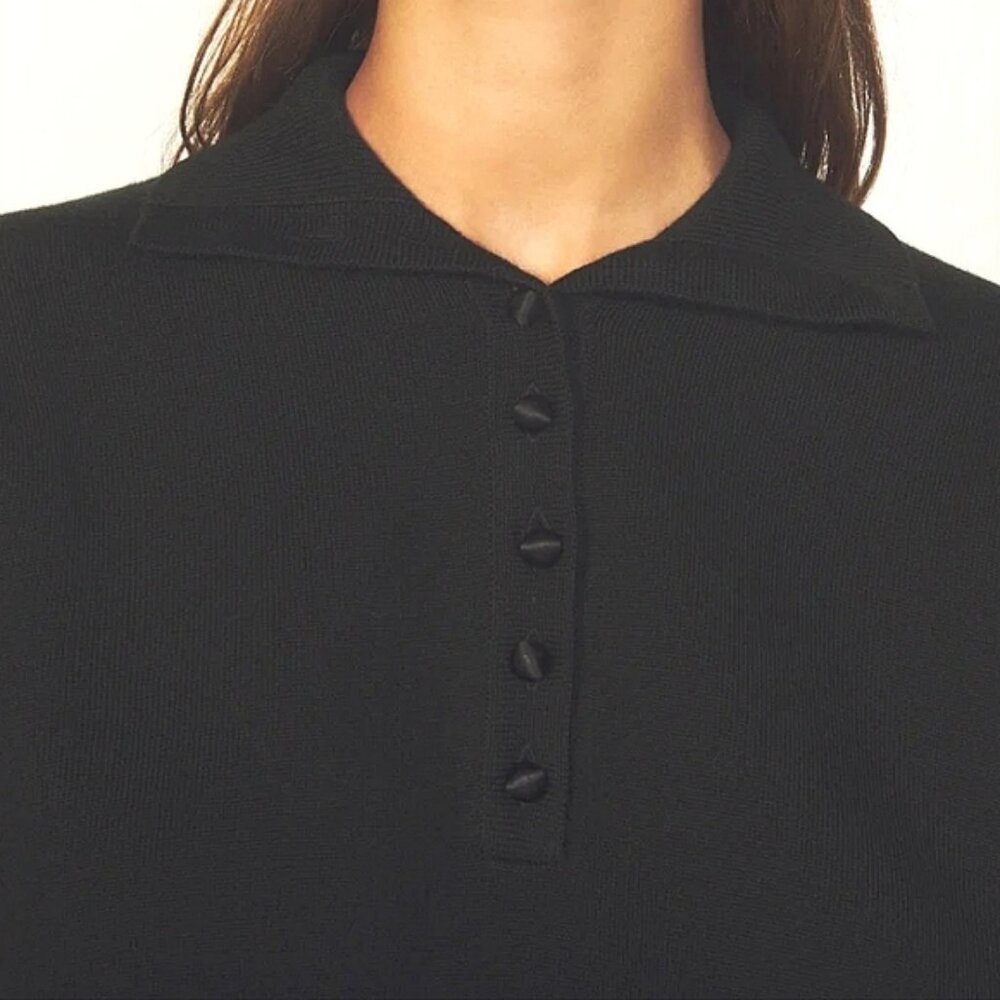 SANDRO Wool Polo Collared Sweater Puff Sleeves and Satin Buttons
